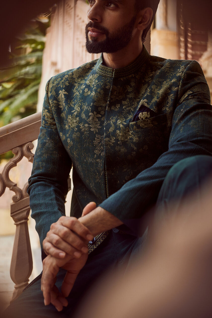 Zahir Silk Bandhgala - Green, Green, image 4